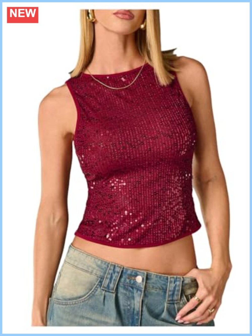 Women's Sleeveless Sequin Sparkly Tank Top Fitted Party Top Go Out